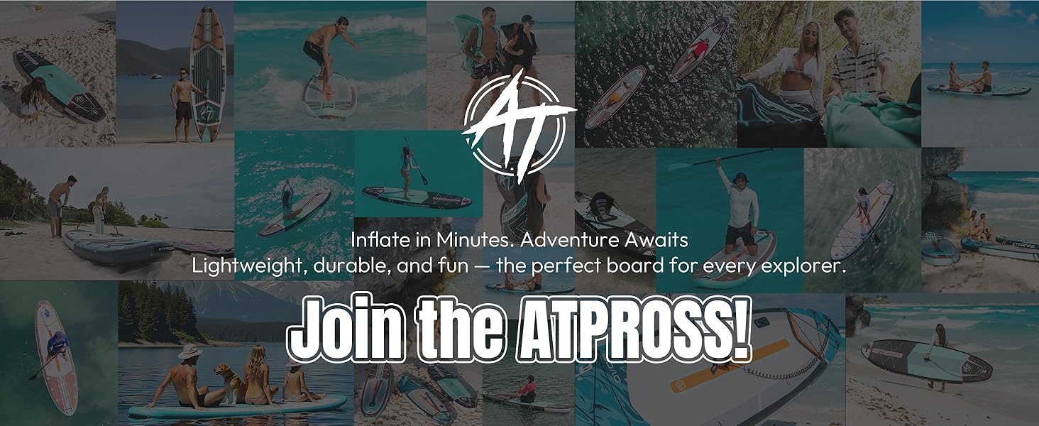 Collage d'activités nautiques mettant en vedette des paddleboards. Le logo central et le texte font la promotion des planches à pagaie gonflables « etevila », mettant l'accent sur les caractéristiques légères, durables et amusantes des loisirs nautiques