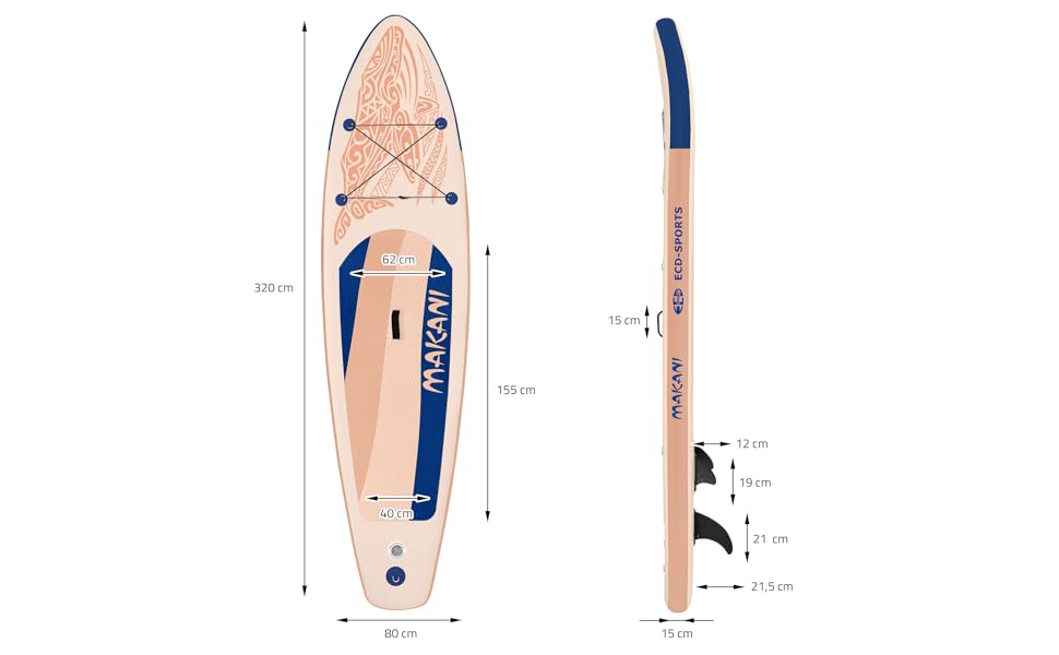 etevila Planche stand up paddling abricot Makani 320x80x15 cm SUP gonflable Planche paddle surf