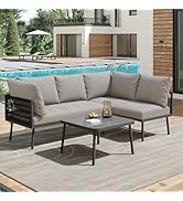 etevila Ensemble Salon de Jardin d'Extérieur en Résine Tressée Grise, Canapé d'angle L-Shape 3 Pi...