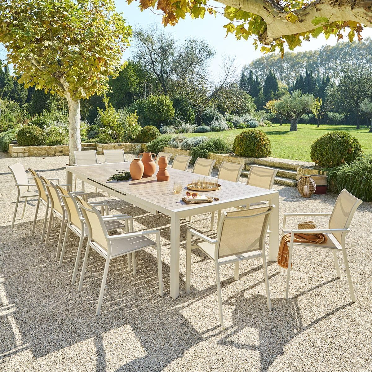 Hespéride - Evasion Argile - table extensible 14 places - aluminium bois antirouille, rallonge
