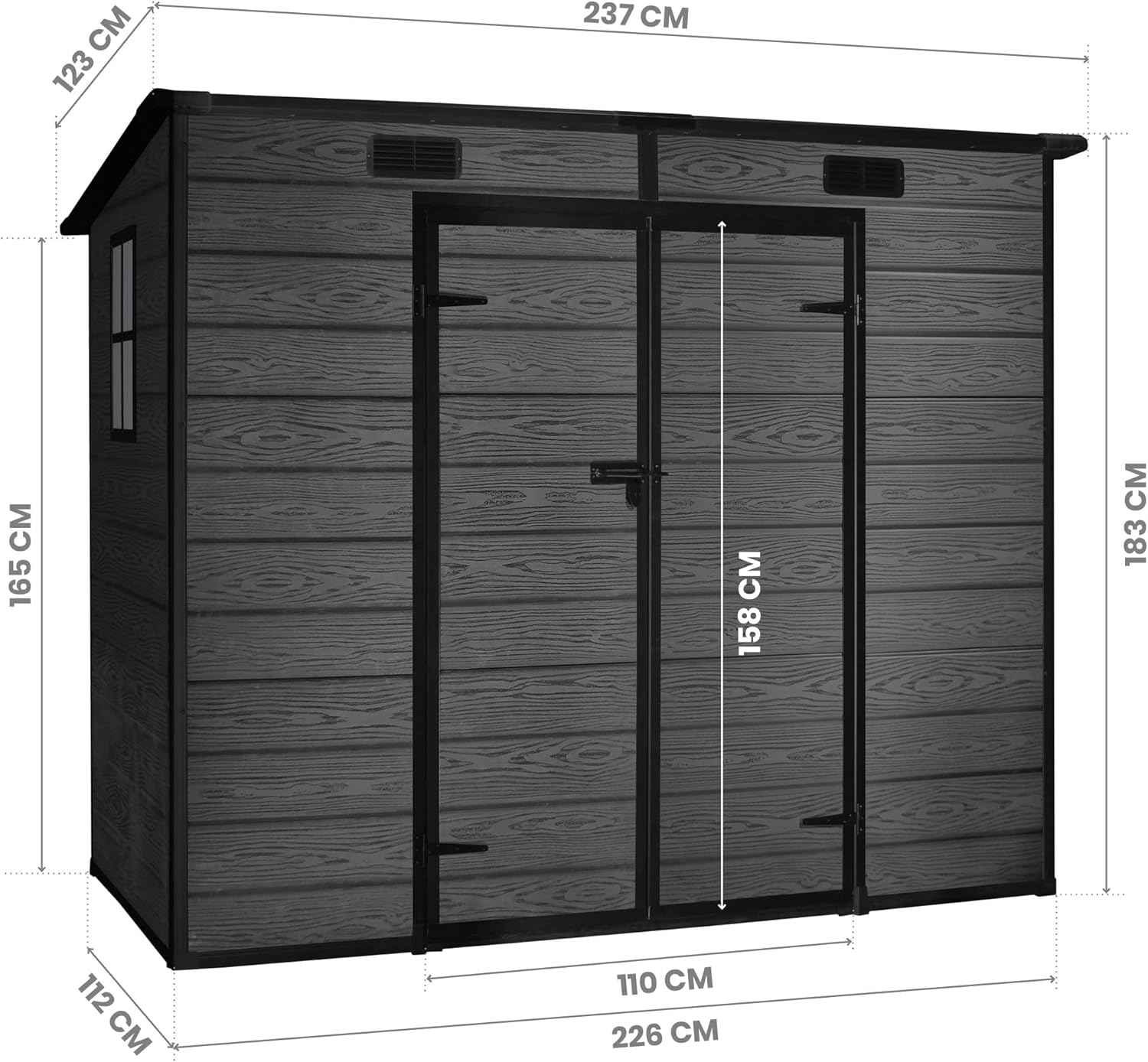 Wasabi - Abri de jardin résine 2,93m², double porte, fenêtre, finition bois noir