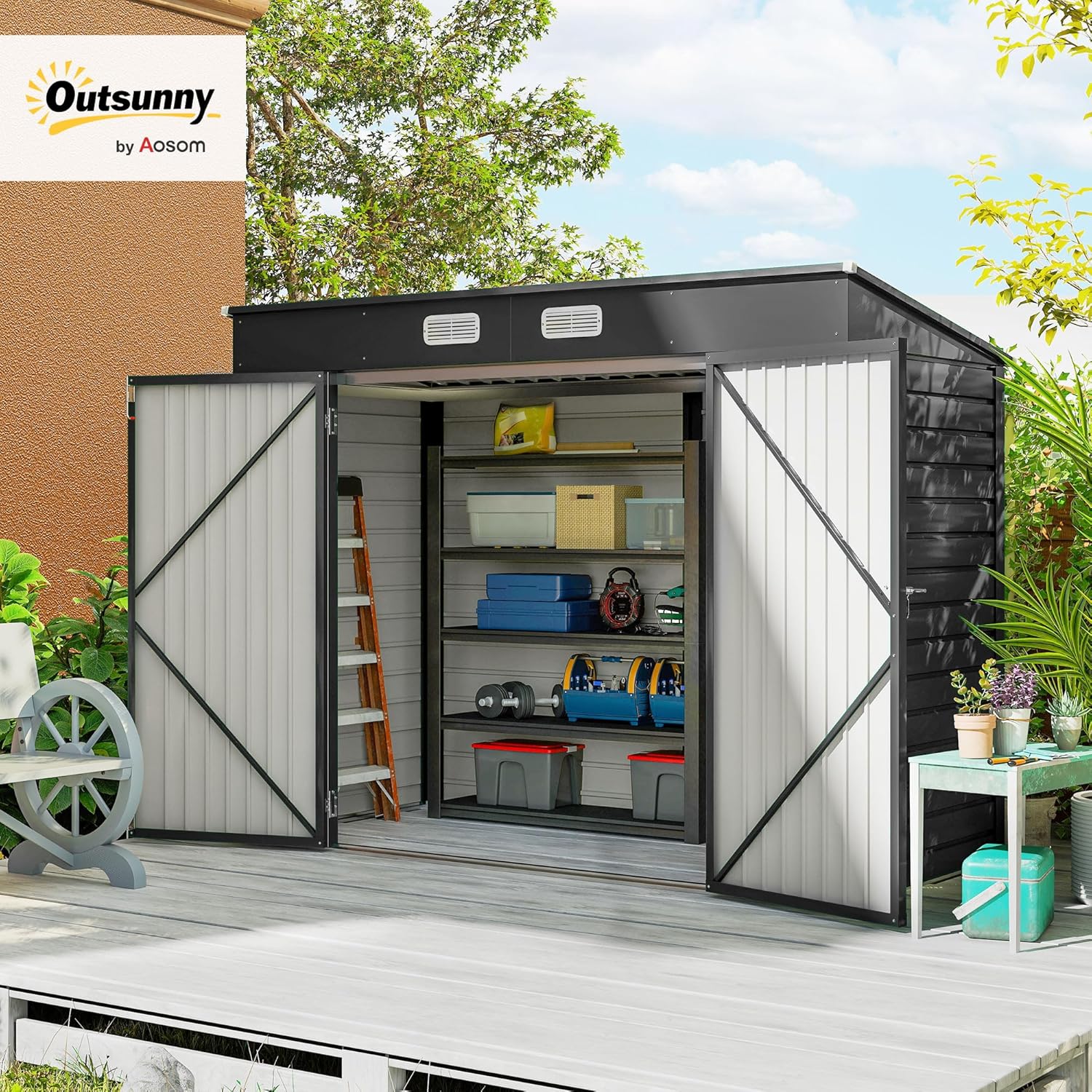 Outsunny - abri de jardin métal 3 m² - acier, portes verrouillables, aération, gants - 249x121x183 cm