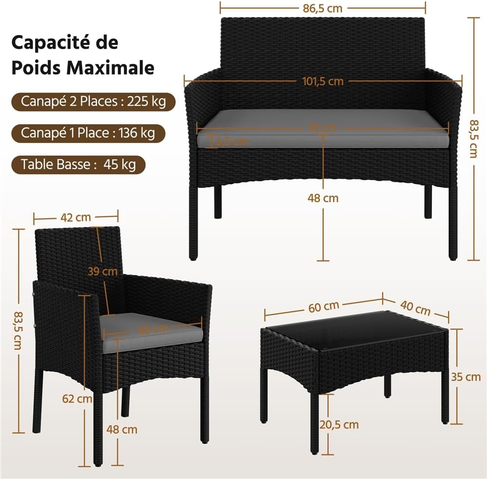 Yaheetech - Salon de Jardin 4 Places Polyrotin métal coussins, 195x125 cm, noir/gris clair