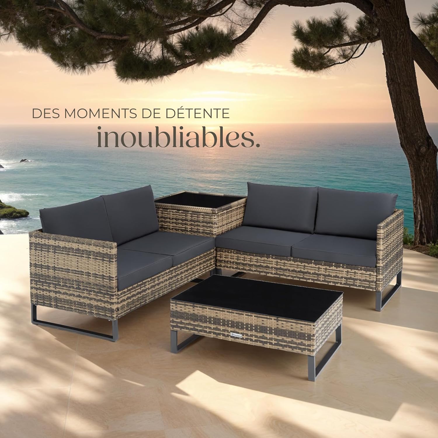 tectake - Ensemble modulable 4 places rotin, table basse, coffre, coussins