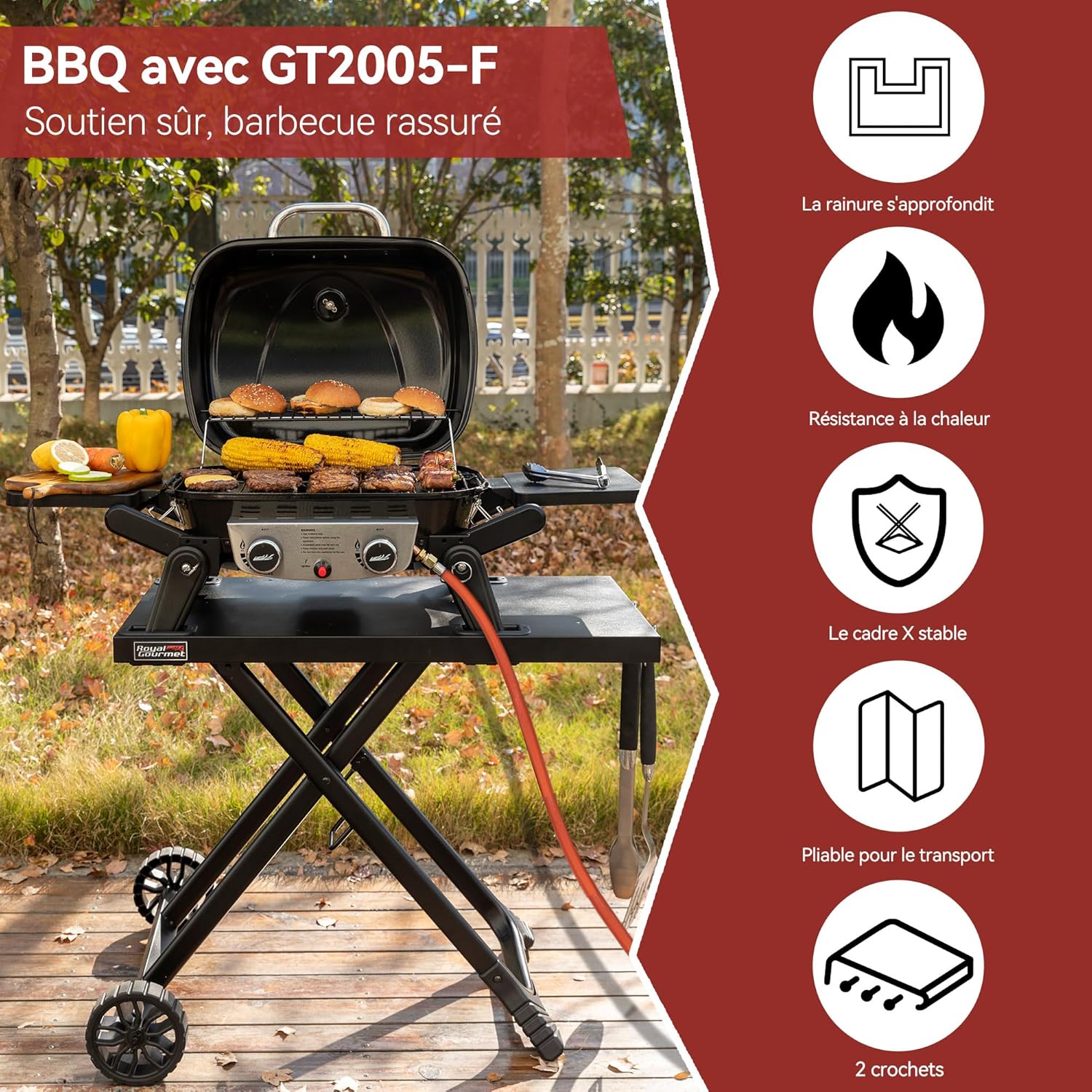 Royal Gourmet - barbecue gaz portable - 48x37 cm - 2 brûleurs, tables pliantes, chariot détachable, 5kW