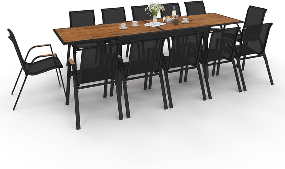 IDMarket - Salon de Jardin NOUMEA Table Extensible 135/270 cm Plateau Effet Bois et 12 chaises empilables Noir et Bois