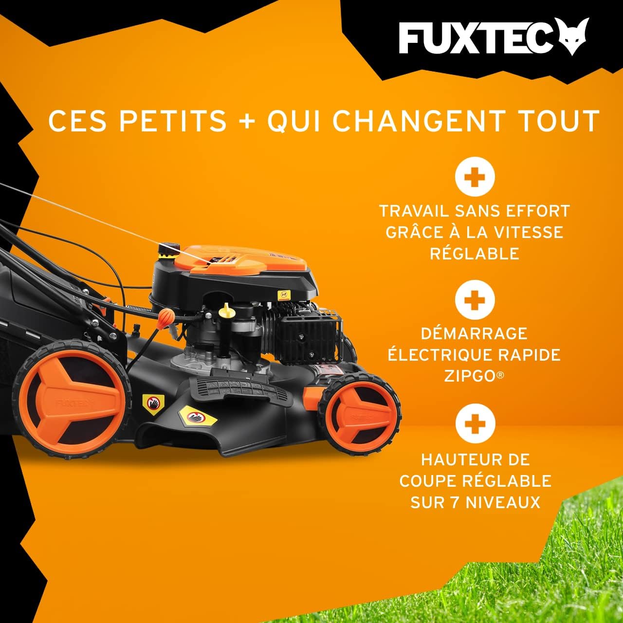 FUXTEC - tondeuse thermique série Pro - 51cm - démarrage électrique, vitesse réglable, autotractée, mulching, bac 60L - 