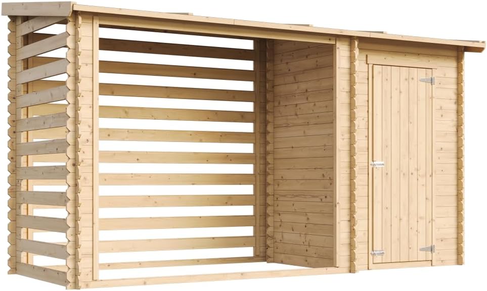 TIMBELA M205 Abri de Jardin+ Chalet pour vélos/Bucher/Abri conteneur - Cabane de Jardin avec Toit Plat - 344 x 130 cm - 2,54 m2+1,1 m2