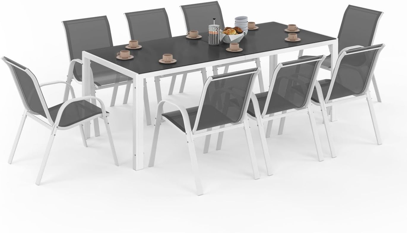IDMarket - Salon Madrid - table 190 cm + 8 chaises empilables blanc/gris
