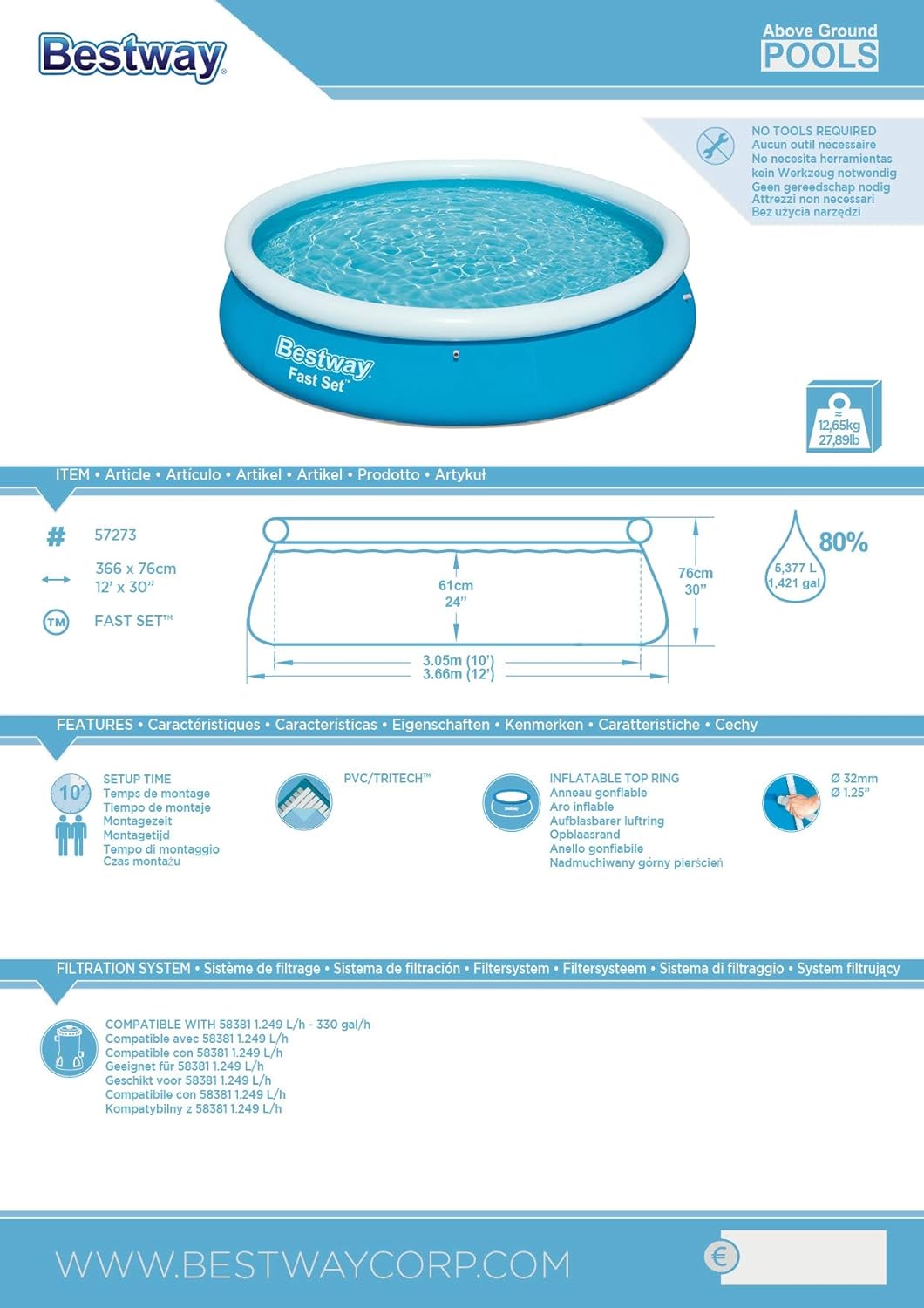 Bestway Piscine autoportante Fast Set Ronde 366 x 76 cm