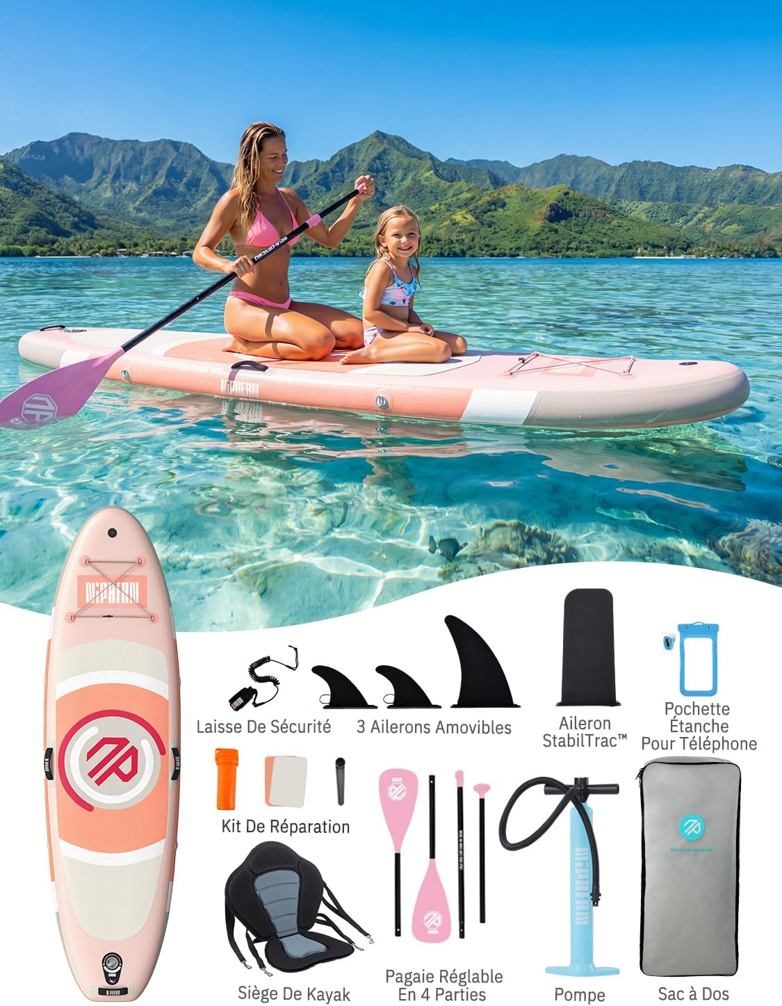 Niphean - paddle gonflable adulte avec siège - ultraléger, aileron stabilisateur, antidérapant, idéal yoga