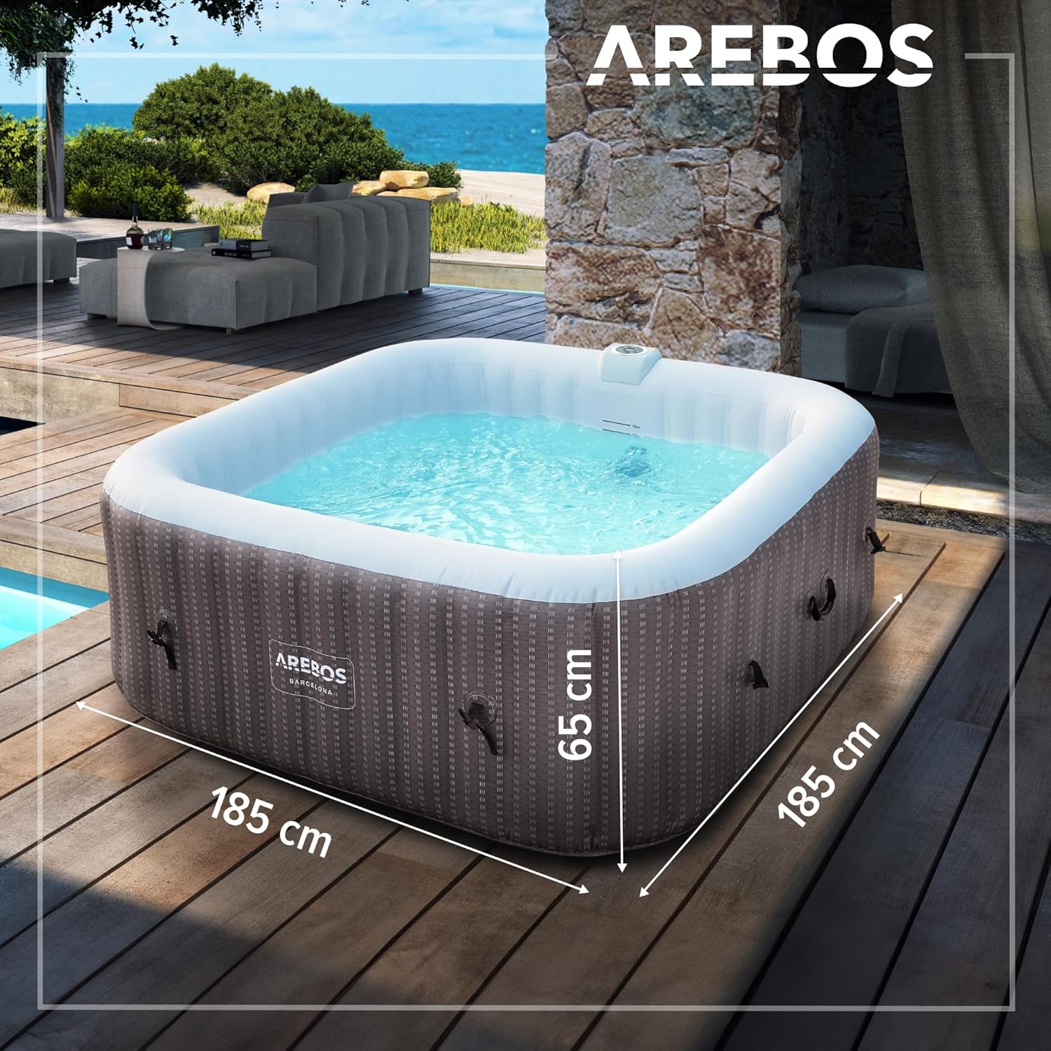Arebos - Spa Gonflable 2400W - 185x185cm - 6 personnes, 130 buses, chauffage, couverture