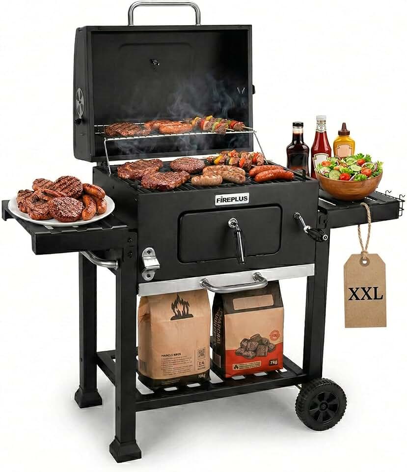 Amig - Fireplus Barbecue - 116,5x13,1x56cm - charbon, roues, plateaux, ventilation