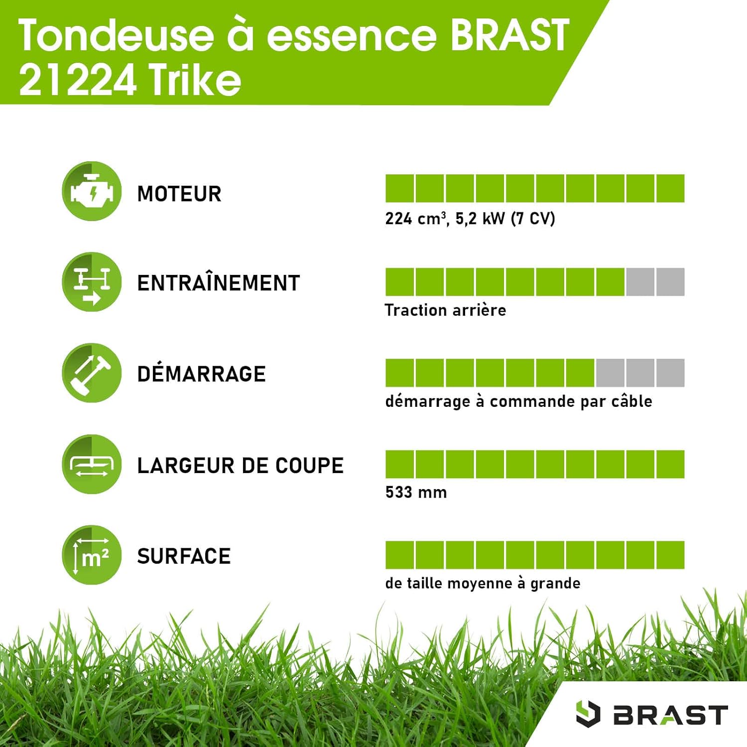 BRAST - tondeuse thermique 3 roues - 53cm, 224cc, 7cv, mulching, 4en1, capot acier, guidon réglable - TRIKE