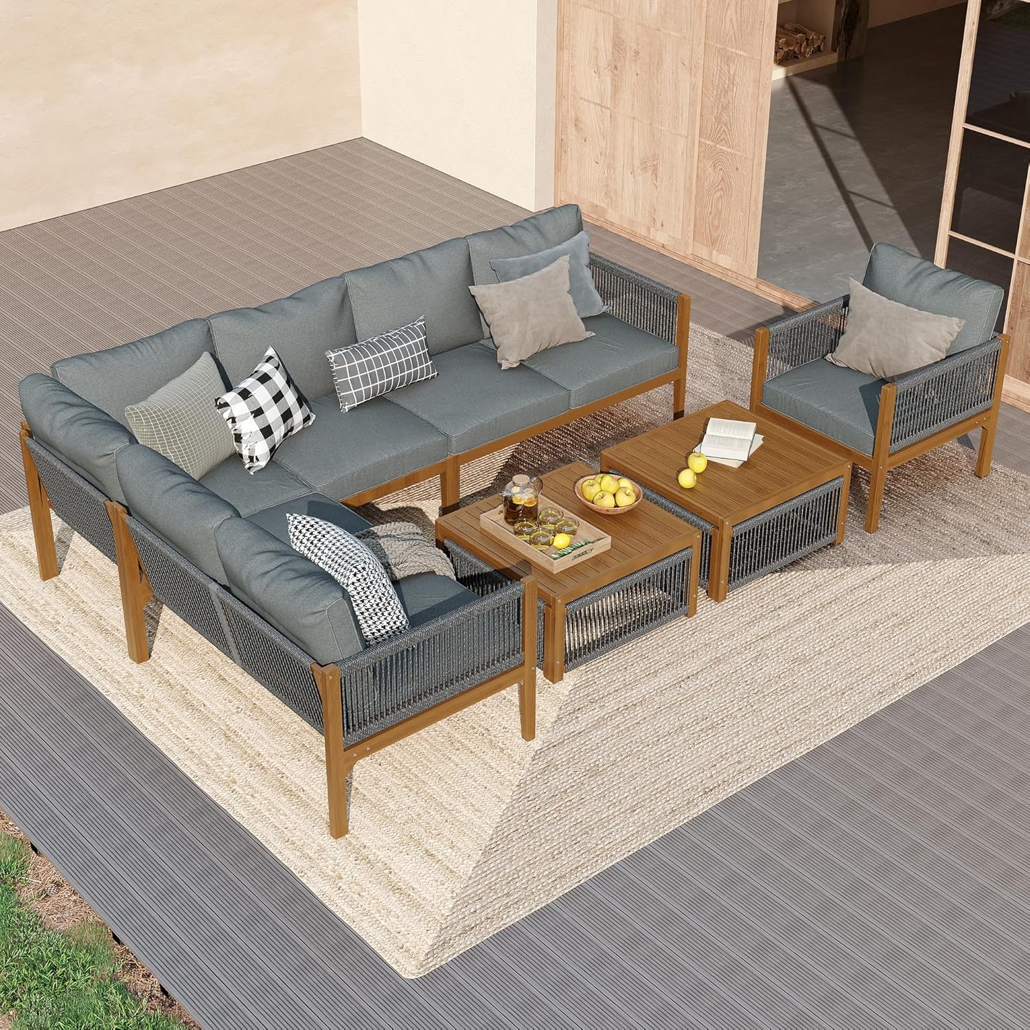 Sapgaks - salon de jardin C-Gris+Naturel - 7/8 personnes - angle, coussins lavables