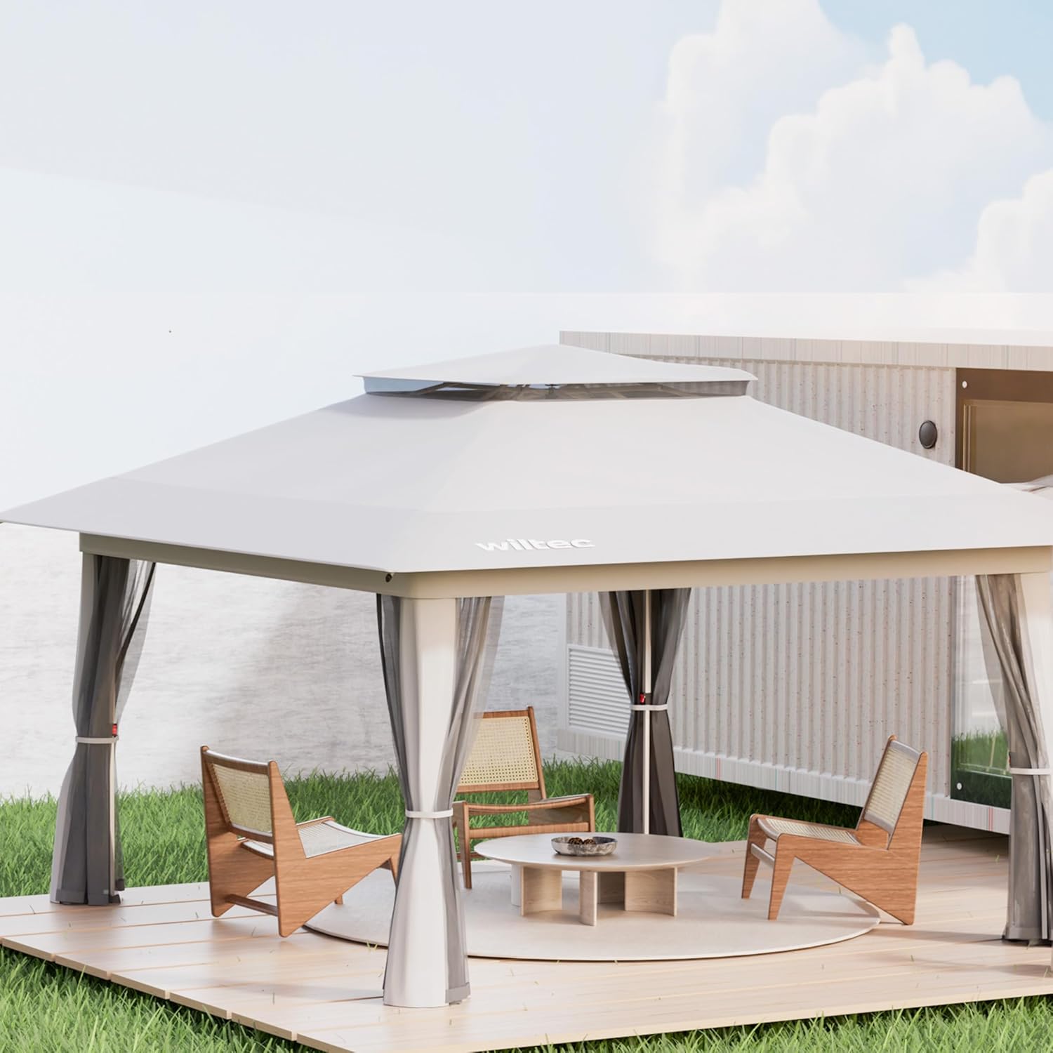 Wiltec - Pavillon pliant 4x4m - gris, moustiquaire, sac à roulettes