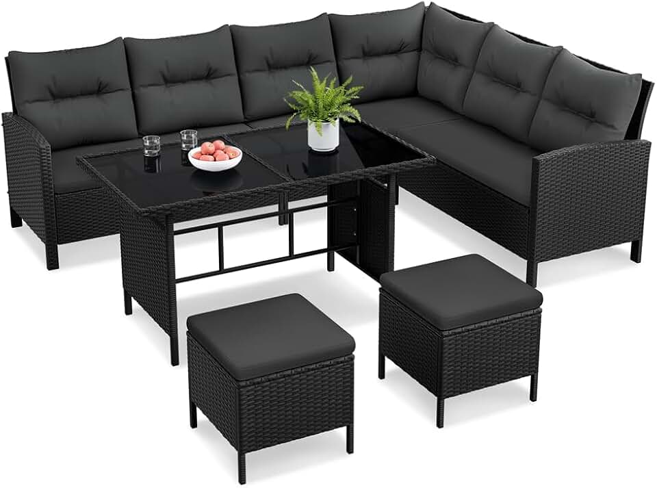 Yaheetech - Salon de jardin 4 pièces - polyrotin, ottomans, table - noir/gris