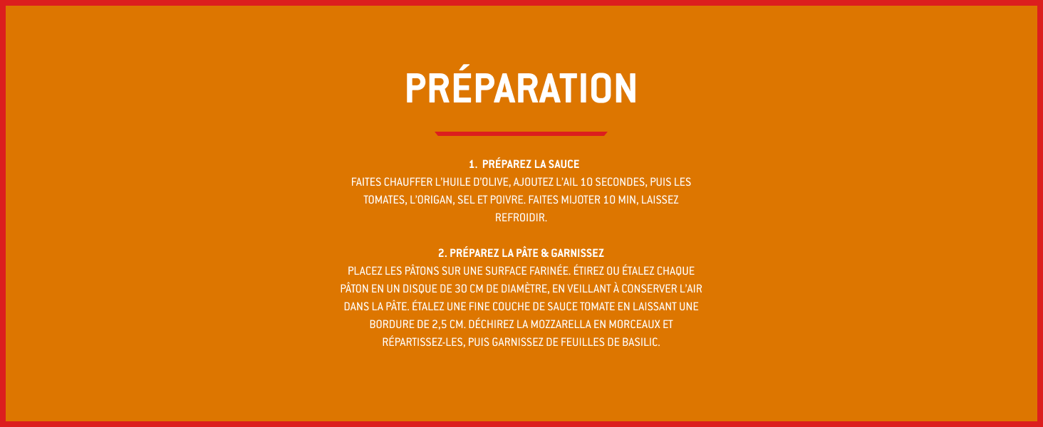 Le texte indique « PRÉPARATION ». Série de panneaux d'instructions ou de préparation de couleur orange avec mise en page de texte blanc.