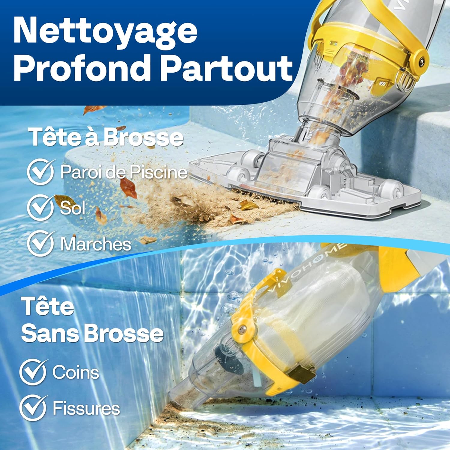 VIVOHOME - Aspirateur piscine sans fil, perche 250cm, 4300LPH, autonomie 75 min, batterie Spa