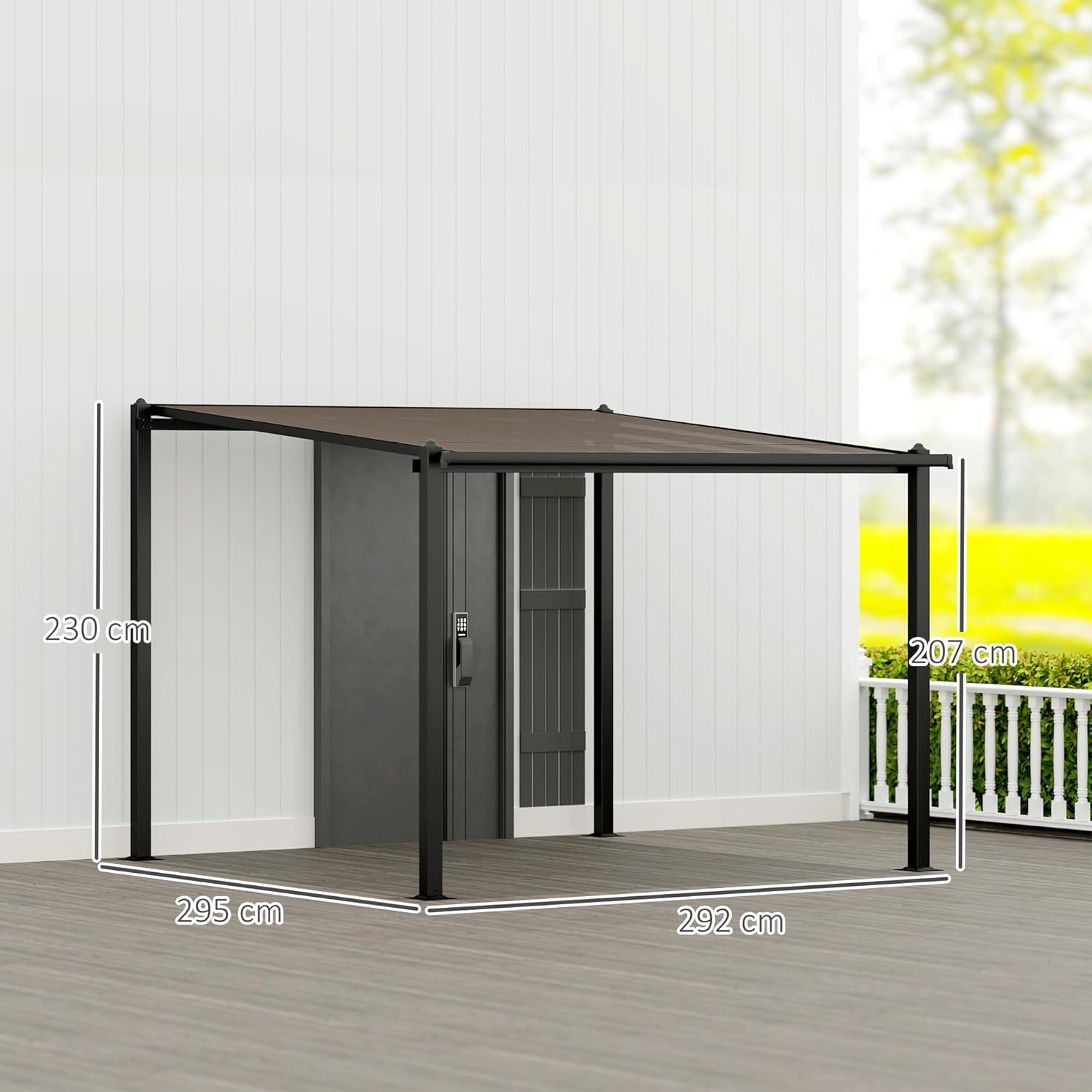 Outsunny - Pergola adossée aluminium - 3x3m - toit polycarbonate, drainage, UPF30+, gris