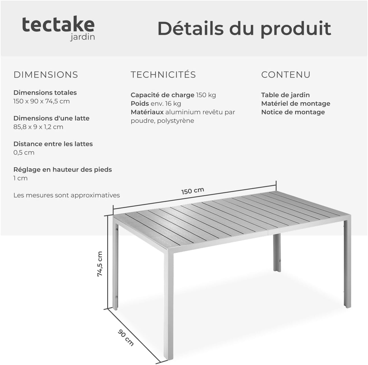 tectake - Table à manger aluminium aspect bois 150x90x74,5cm résistante