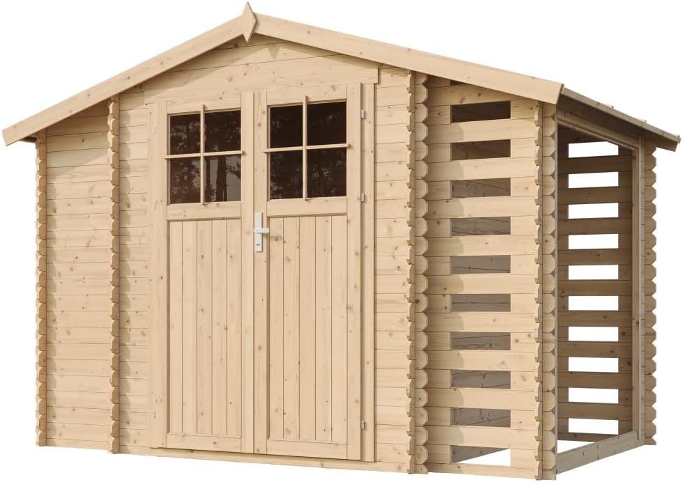 TIMBELA – abri de jardin bois avec range-bûches, 206x328x218 cm, avec sol traité – M389F+M389G