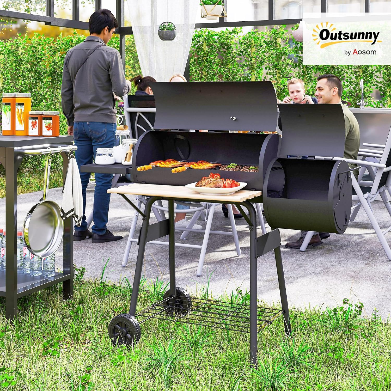 Outsunny - barbecue fumoir sur pied - acier noir - roulettes, étagères, thermomètre