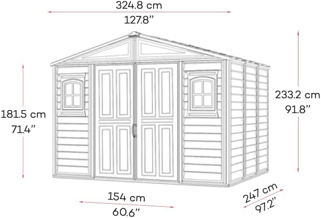 Abri de jardin Duramax WoodBridge II PLUS - 10.5 x 8 (7.64 m²) - Plastique, kit fondation, 2 fenêtres, toit métal, sans 