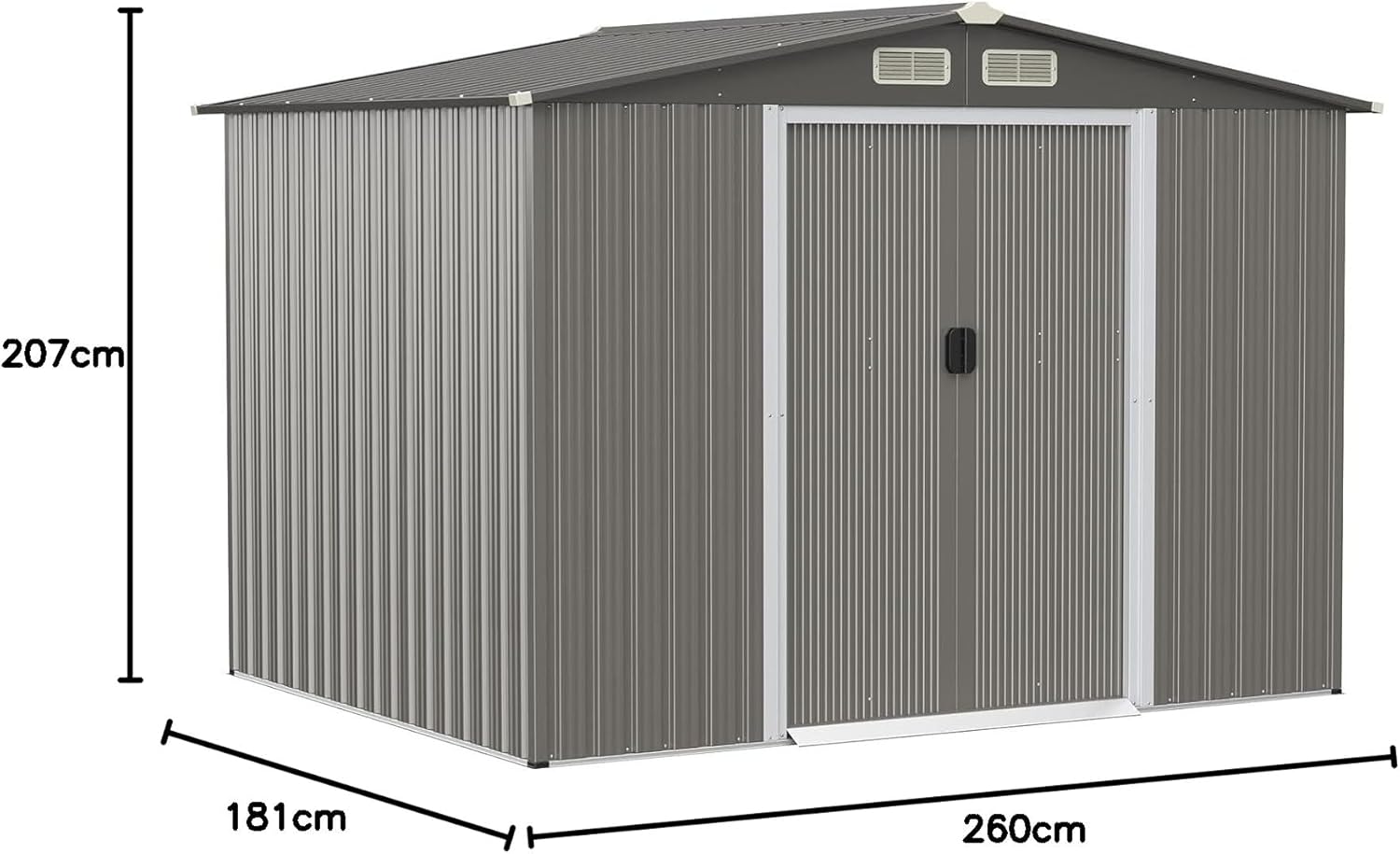 GOPLUS 4,74㎡ Abri de Jardin en Métal Galvanisé avec Base, Cabine de Jardin Extérieur Porte Coulissante, Résistant aux Intempéries, Cabane de Rangement à Outils 8,59m³, 260 x 207x181cm, Toit Gris Foncé