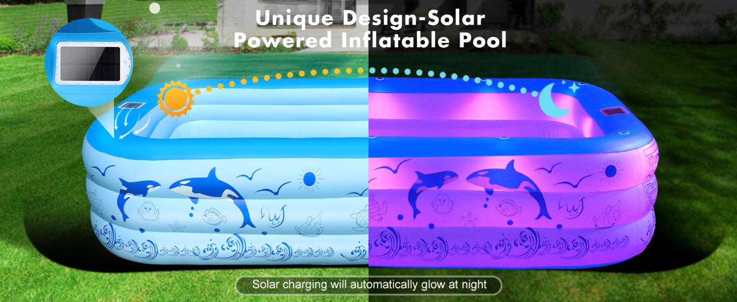 Le texte indique « Piscine gonflable solaire au design unique ». Image divisée d'une piscine gonflable montrant un éclairage jour/nuit : bleu à la lumière du jour, éclairage LED violet la nuit.