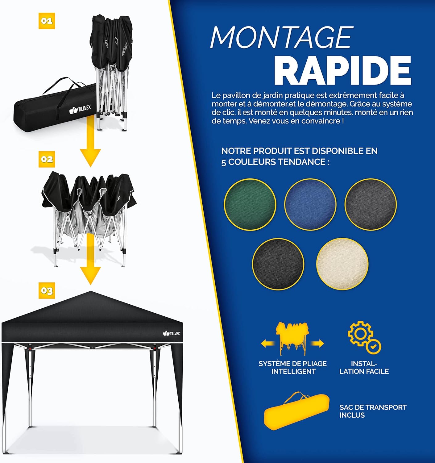 tillvex - tonnelle pliante 3x3m - réglable, UV 50+, sac transport
