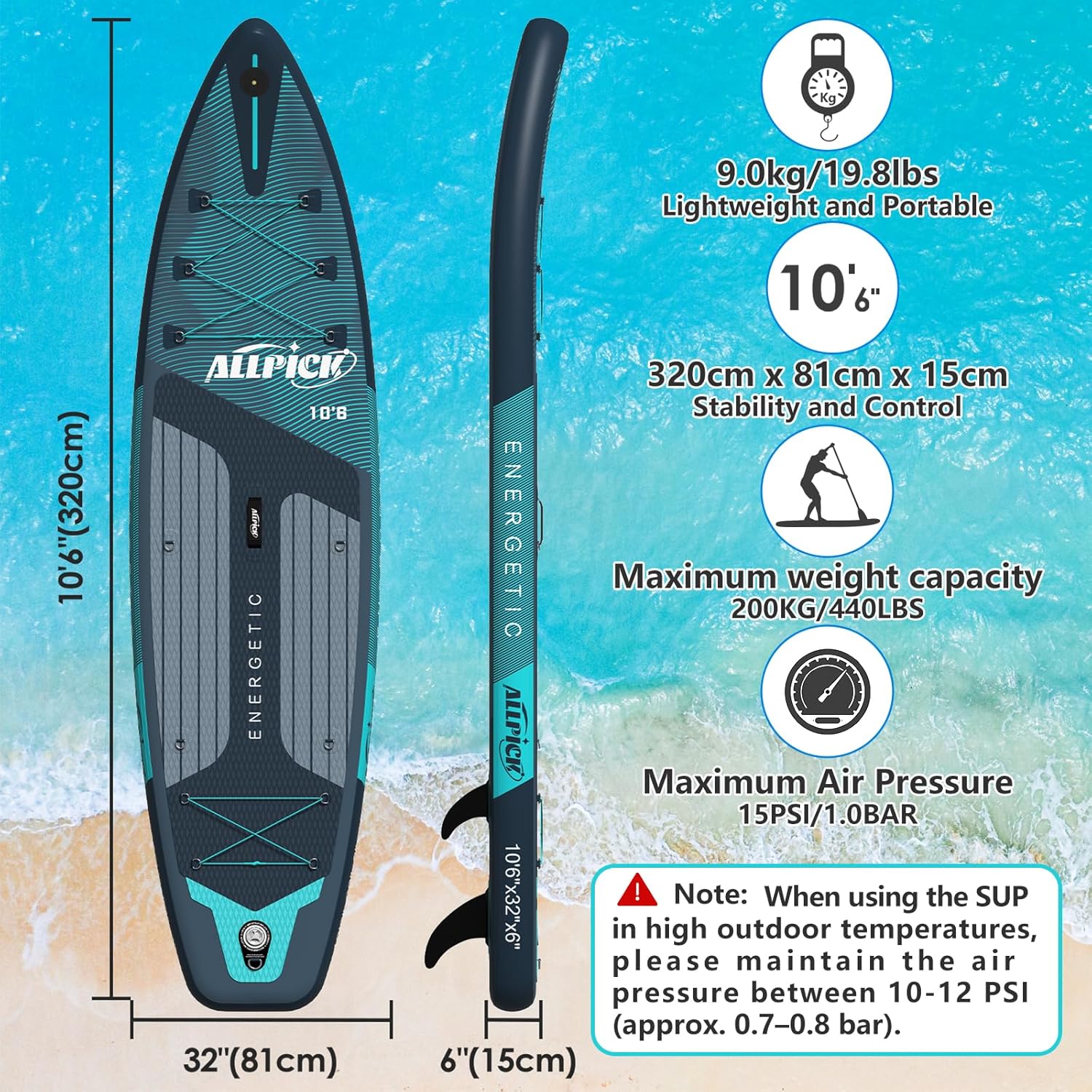 ALLPICK - Paddle gonflable 320 cm - caméra, pagaie réglable, 200 kg
