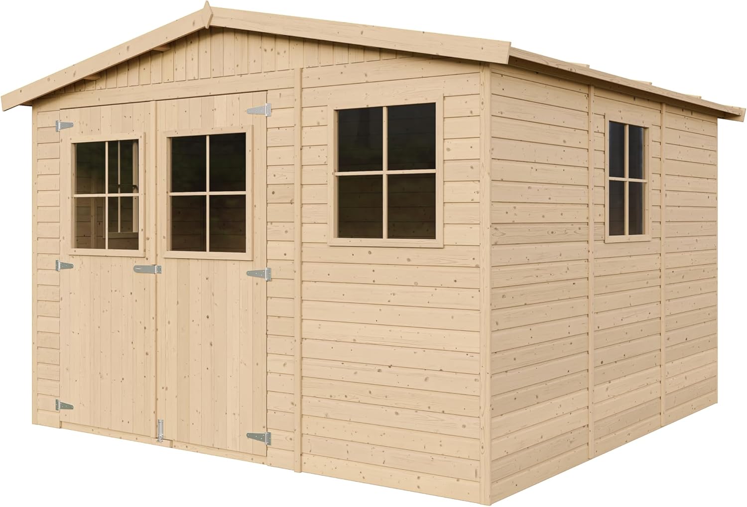Abri de Jardin en Bois Naturel - Stockage extérieur avec fenêtres- H226x316x324 cm/9 m² Hangar en Bois Naturel - Atelier Rangement Outils et vélos- TIMBELA M335