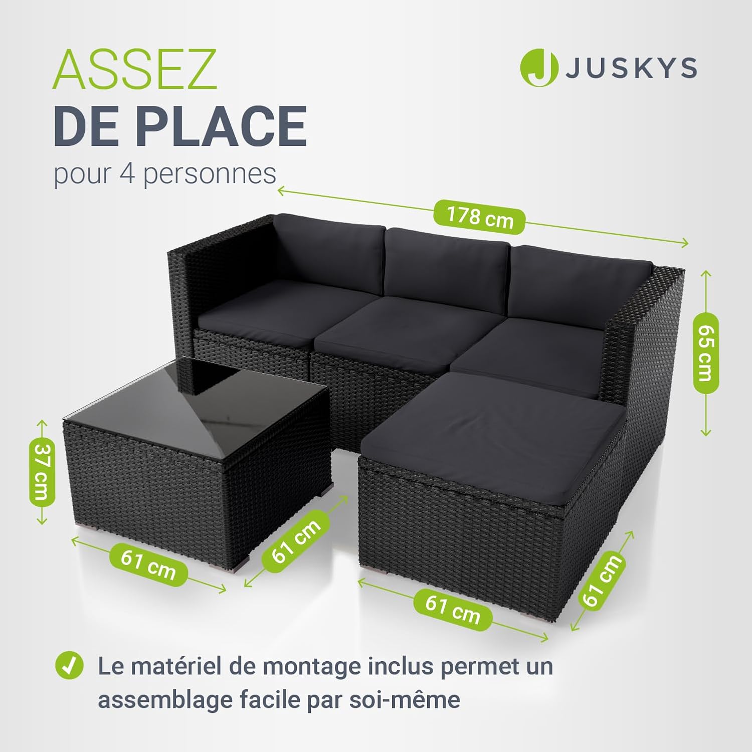 Juskys - Punta Cana M - salon 3 places, polyrotin, coussins, 3-4 pers.