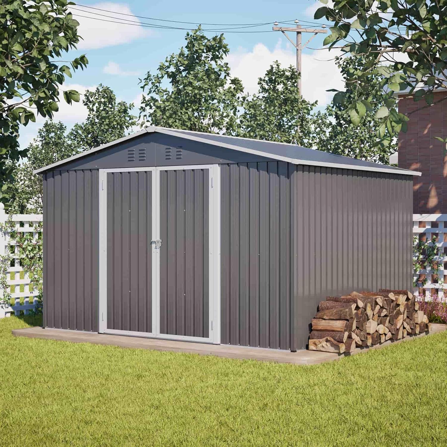 YEHTOKHOME - abri de jardin métal - 300x252x191cm - double porte coulissante, ventilation - Gris-C