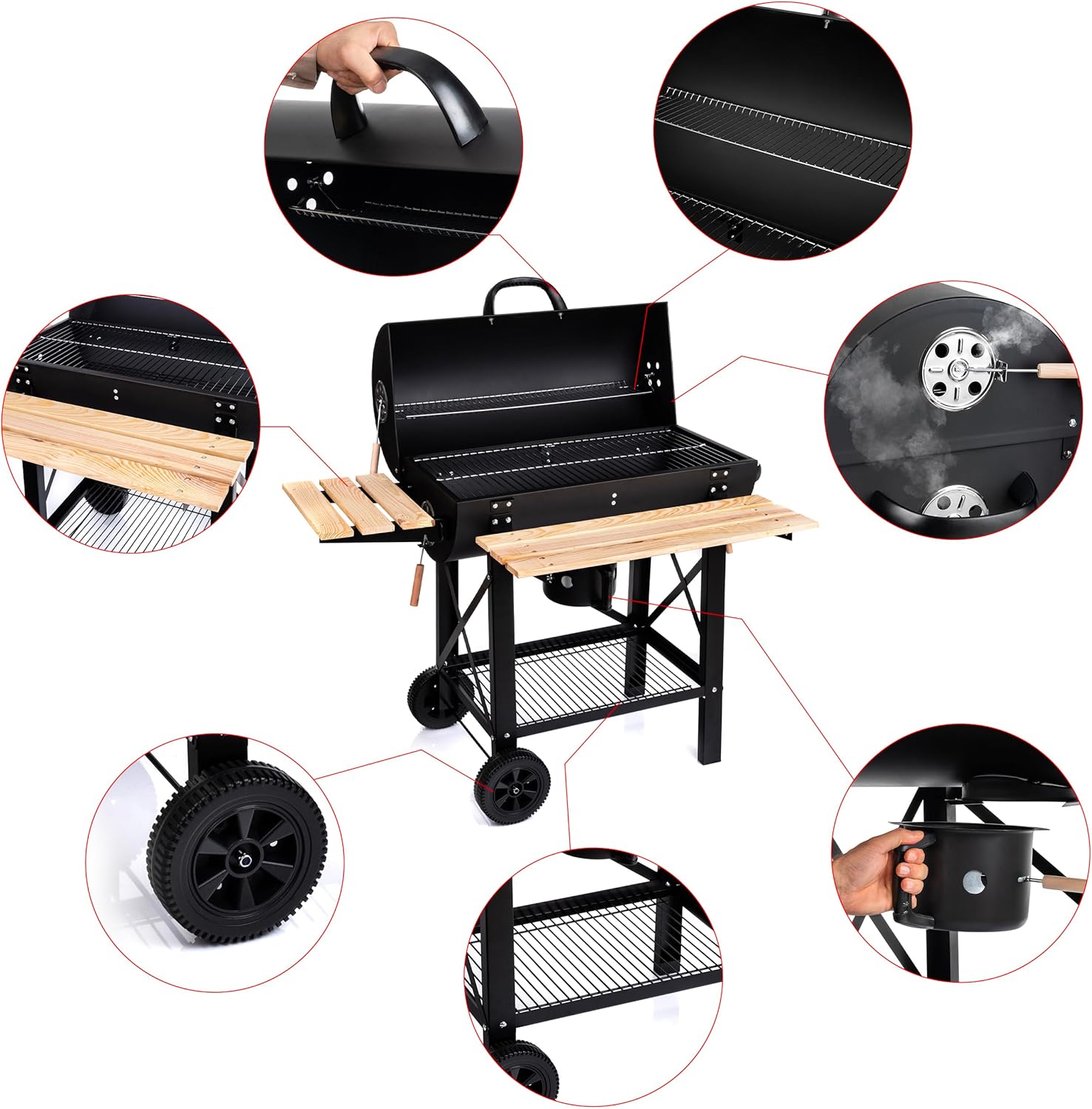 LEHMANN - Barbecue XL avec couvercle, étagères bois, roulettes, 69207