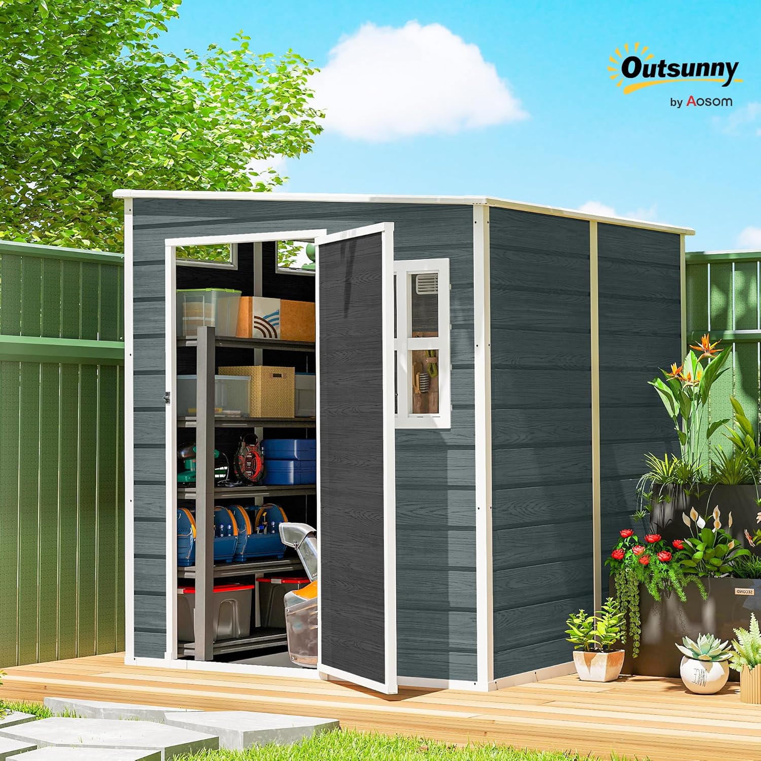 Outsunny - abri jardin résine, 3,3m², alu, plancher, fenêtres, 182x182x183cm