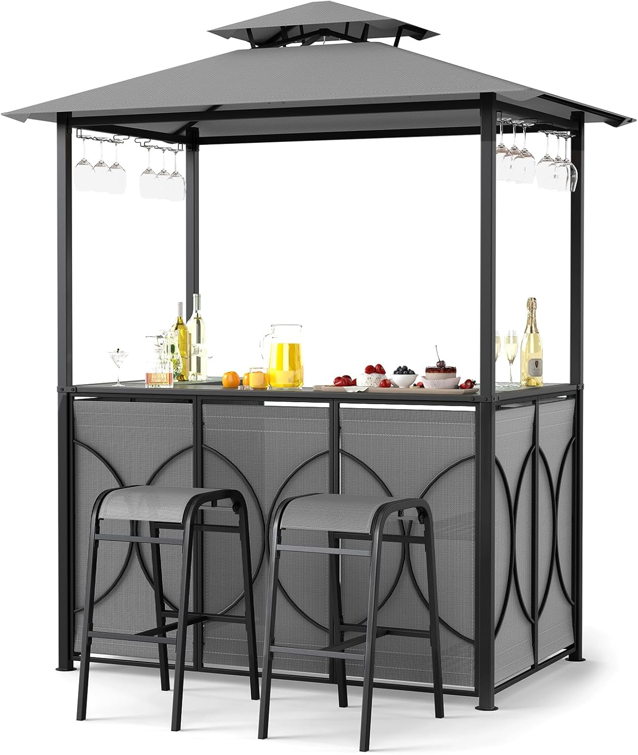 COSTWAY - tonnelle barbecue série avec tabourets, métal, 194x121x242 cm, gris