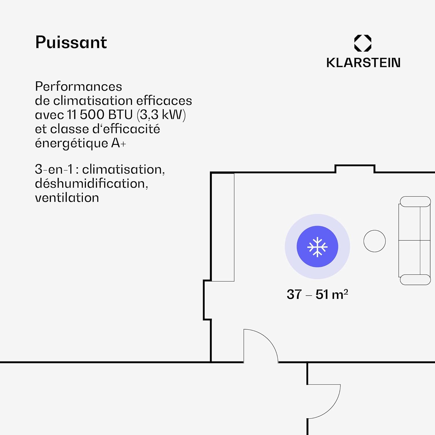 Klarstein Kraftwerk Eco Smart 11 Climatiseur Mobile - 11,500 BTU, 35-59 m², WiFi & App Control, 3-en-1 Refroidissement, Ventilateur & Déshumidificateur, Silencieux 50 dB, Classe A+, Blanc
