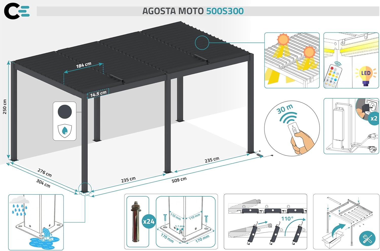 Cazeboo - AGOSTA série - pergola motorisée 5x3m LED aluminium gris AGOSTA
