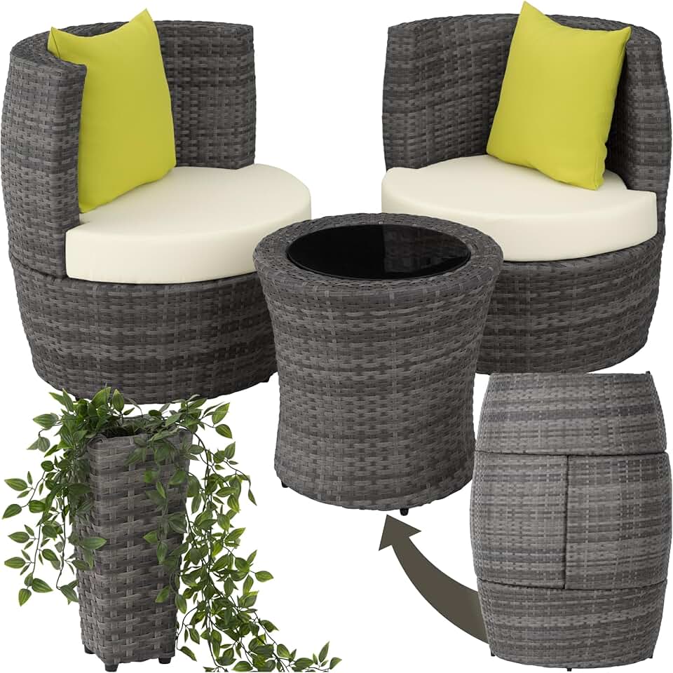 tectake - Salon de jardin encastrable 2 places - Aluminium, polyrotin, coussins et pot de fleur - Idéal balcon terrasse