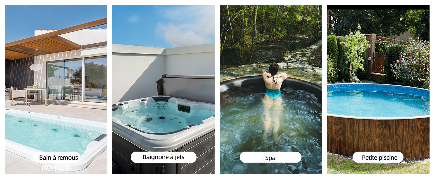 Série horizontale d'images de piscine ou de spa montrant des plans d'eau extérieurs, des zones de détente et divers réglages de piscine dans différentes conditions d'éclairage.