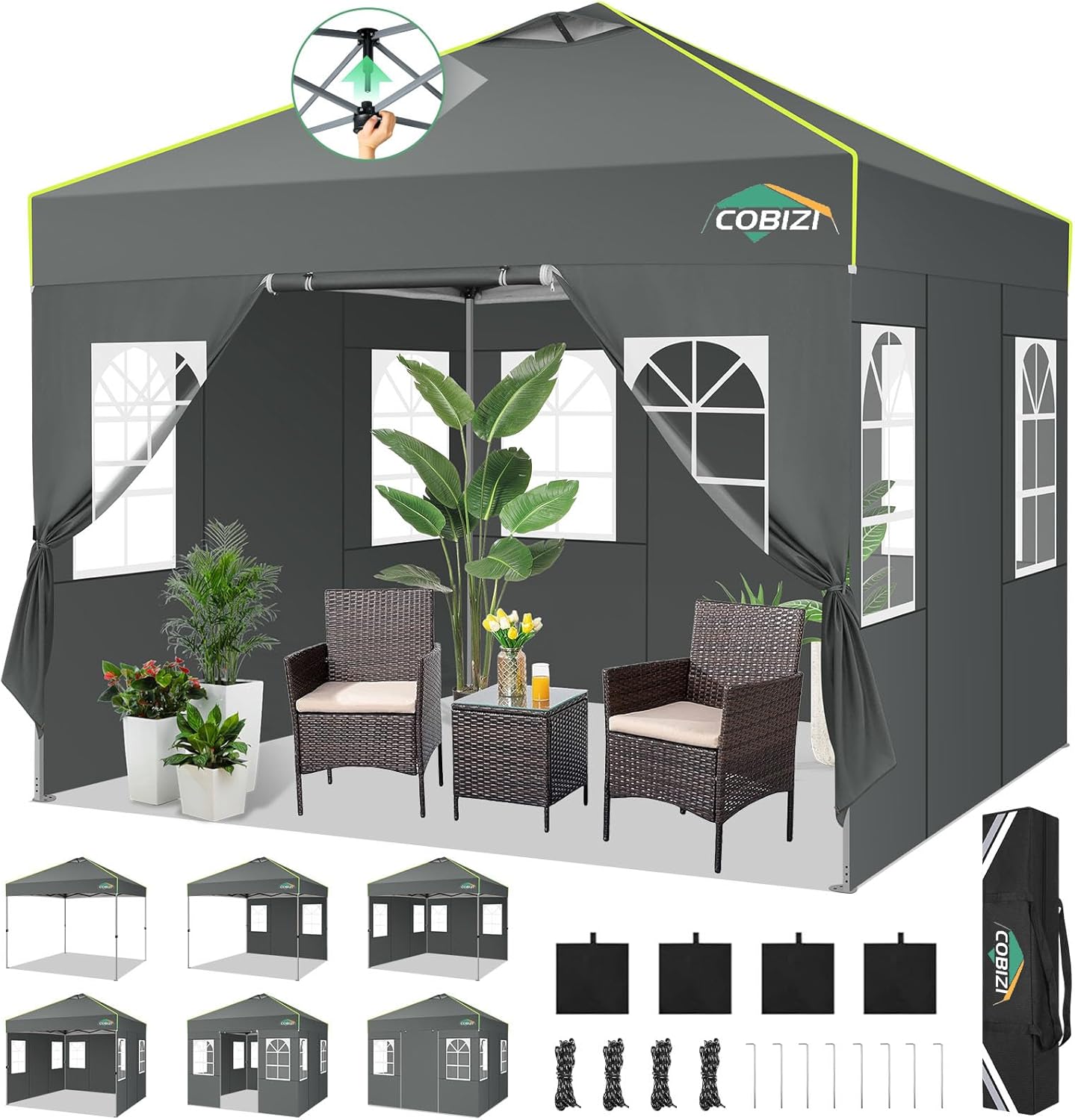 COBIZI - tonnelle pliante série - 3x3m - étanche, stable, UV, pliable, 4 parois, ouverture filet, bandes réfléchissantes