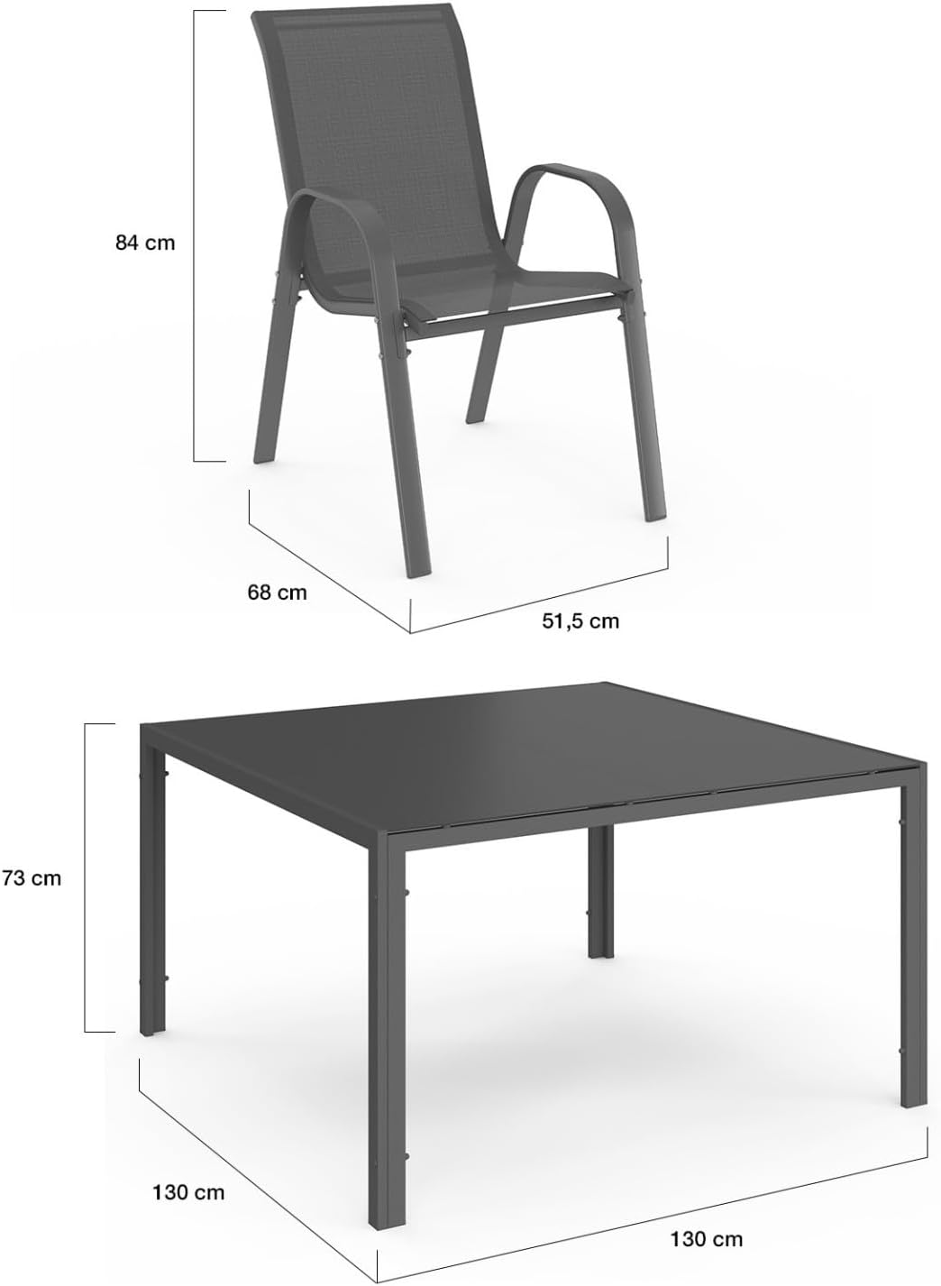 IDMarket - Madrid salon de jardin carré 130 cm, 8 chaises empilables, gris anthracite