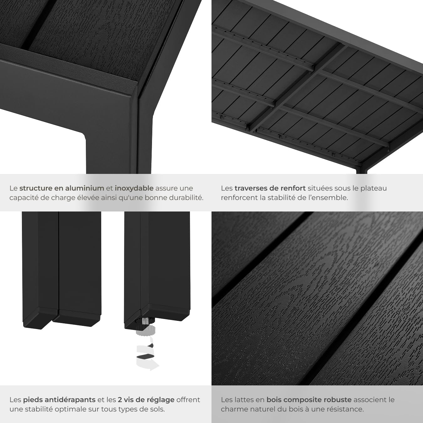 tectake - Table à manger aluminium bois 150x90x74,5 cm, réglable, anti-intempéries