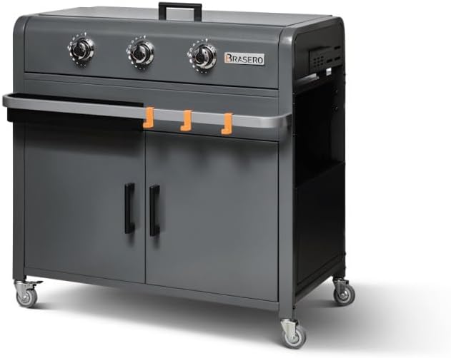 Brasero - Plancha Lola sur chariot - 68,5x35,5 cm - 3 feux gaz, récupérateur graisse, 12 convives, 7,2 kW