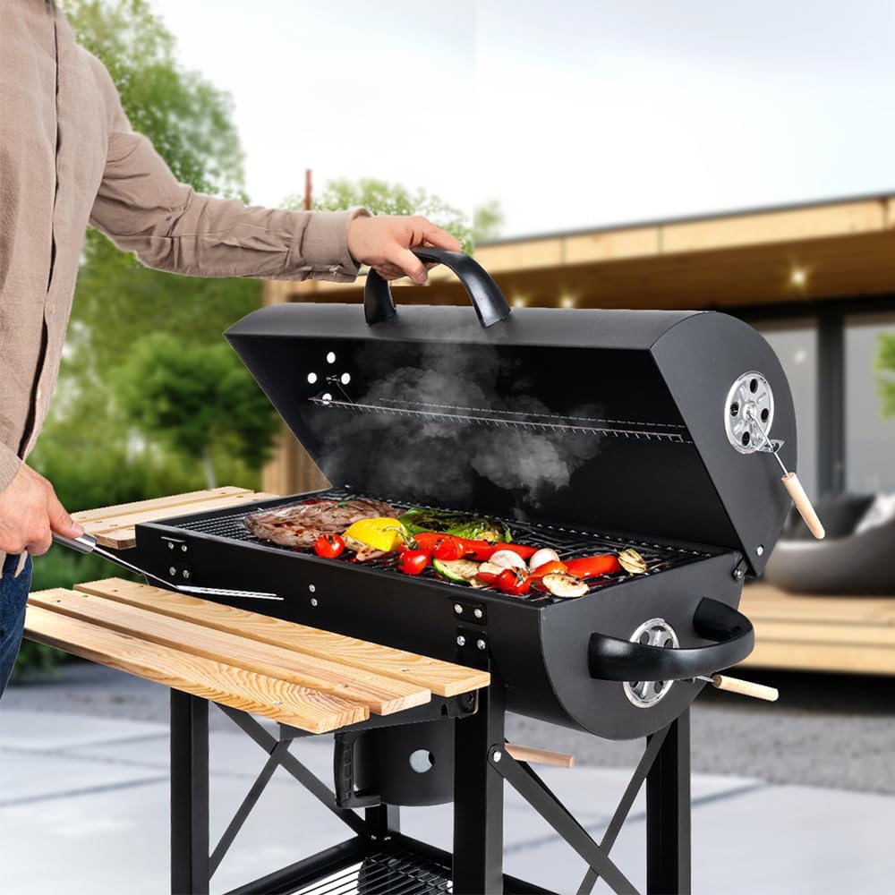 LEHMANN - Barbecue XL avec couvercle, étagères bois, roulettes, 69207