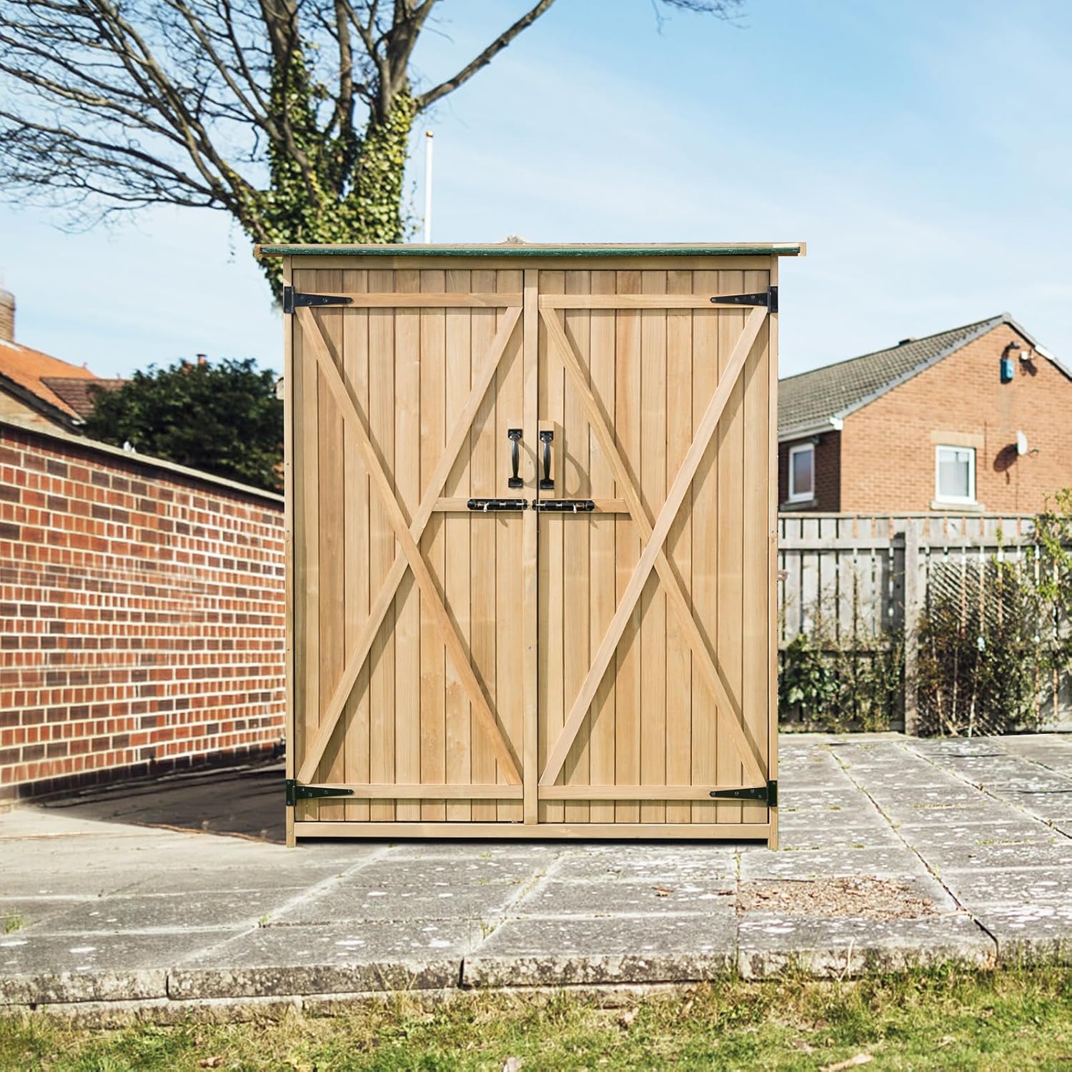 RELAX4LIFE Abri de Jardin en Bois 140x50x162 cm, Abri à Outils avec Toit en Asphalte Incliné, Portes et Étagères Double Fermeture, Meuble de Rangement pour Extérieur Arrière-Cour Patio Pelouse