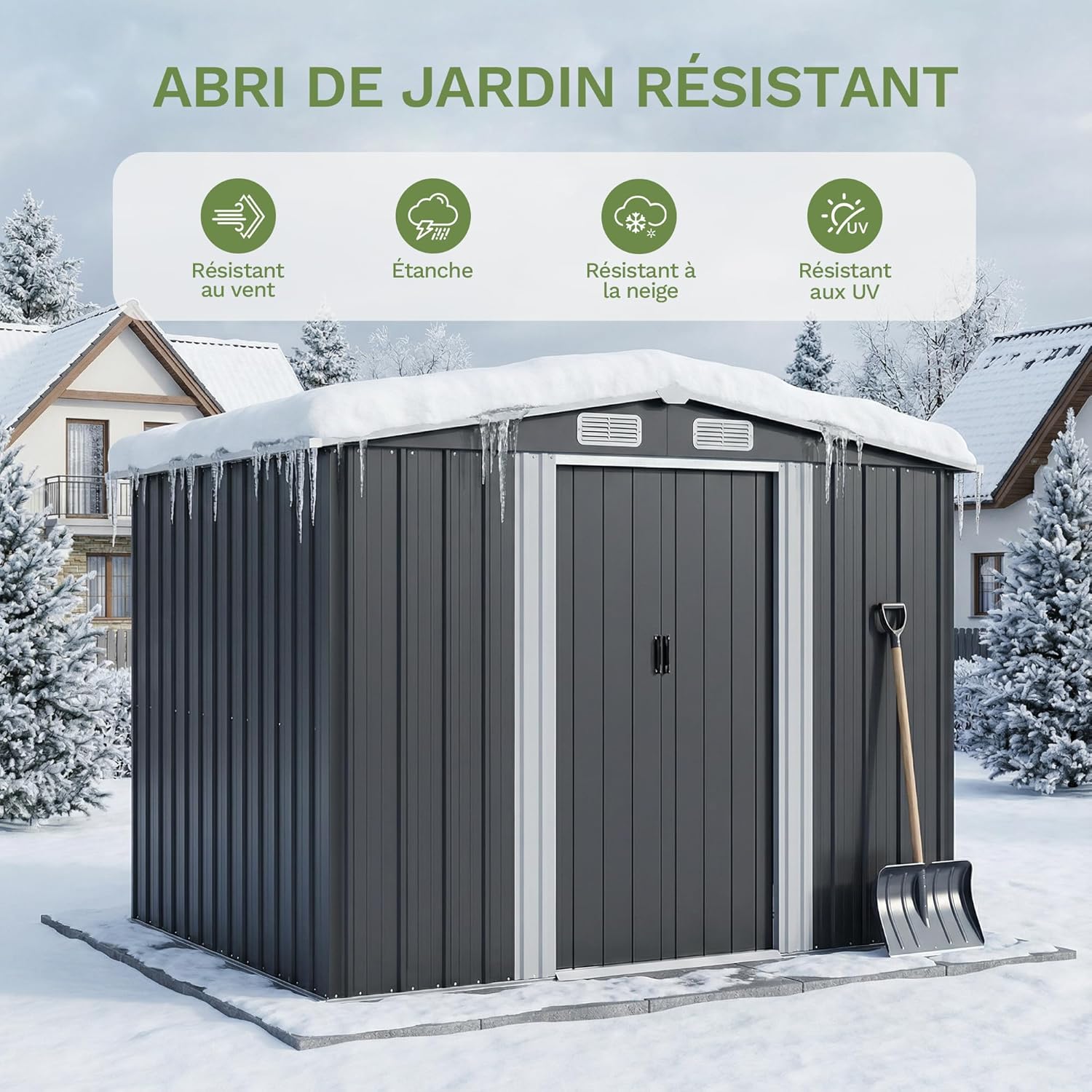 Devoko Abri de Jardin Métallique 8x6ft, Grand Rangement Extérieur pour Outils, Vélos et Poubelles, Toit Penté et Ventilation Inclus, Résistant aux Intempéries, pour Jardin, Terrasse et Pelouse, Noir