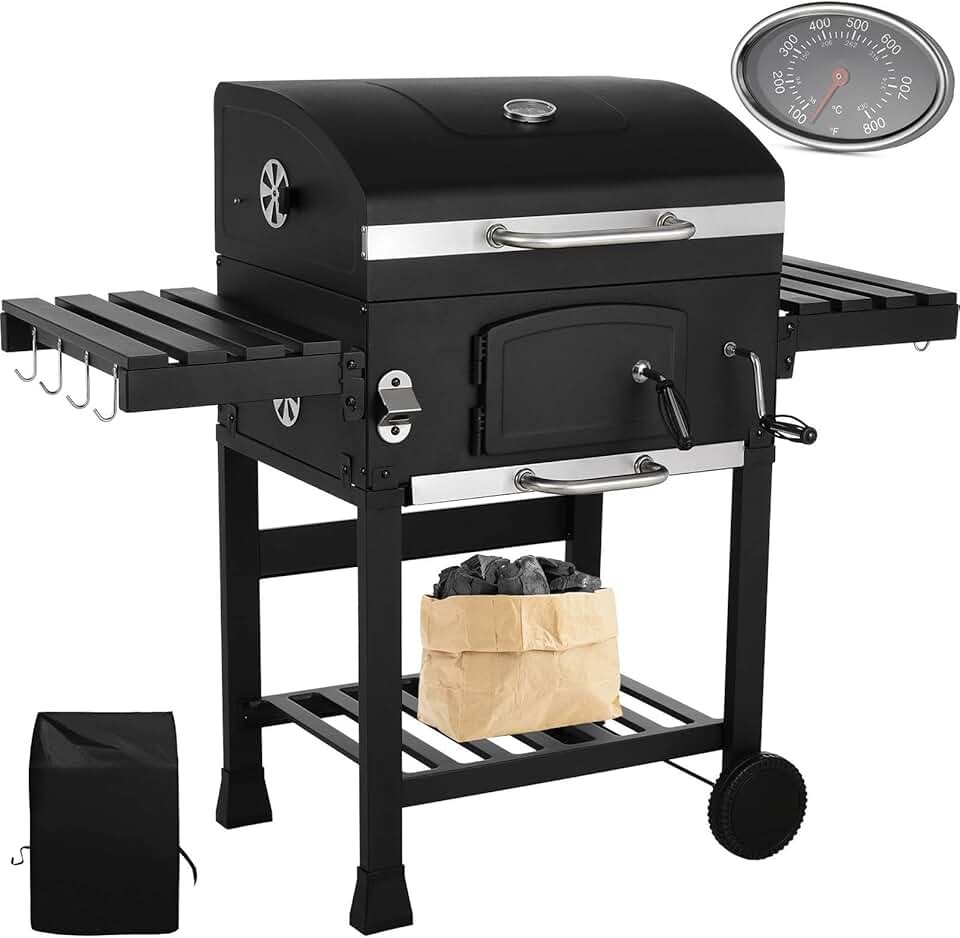 LIFERUN - Barbecue charbon XXL - grand chariot, fumoir et thermomètre